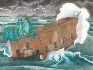 Mama dragon shelters her young from the storm and waves assaulting Uncle Harvey's Mausoleum in Duluth, Minnesota