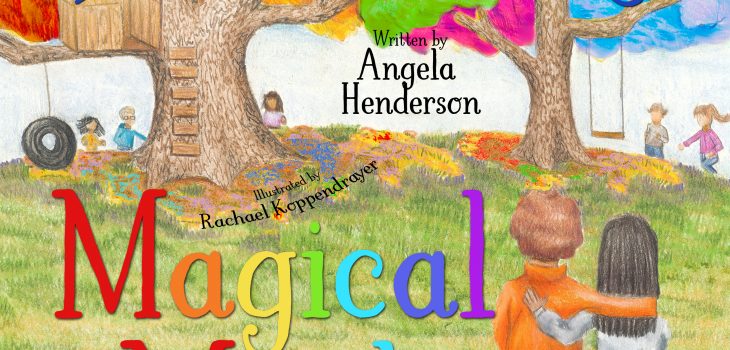 children's book cover of kids with rainbow trees