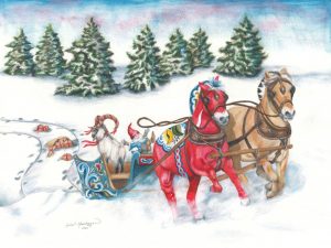 Christmas scene of a Red dala horse and Norwegian fjord as they pull a runaway sleigh with the yule goat and tomte in the sled