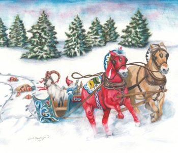 Christmas scene of a Red dala horse and Norwegian fjord as they pull a runaway sleigh with the yule goat and tomte in the sled