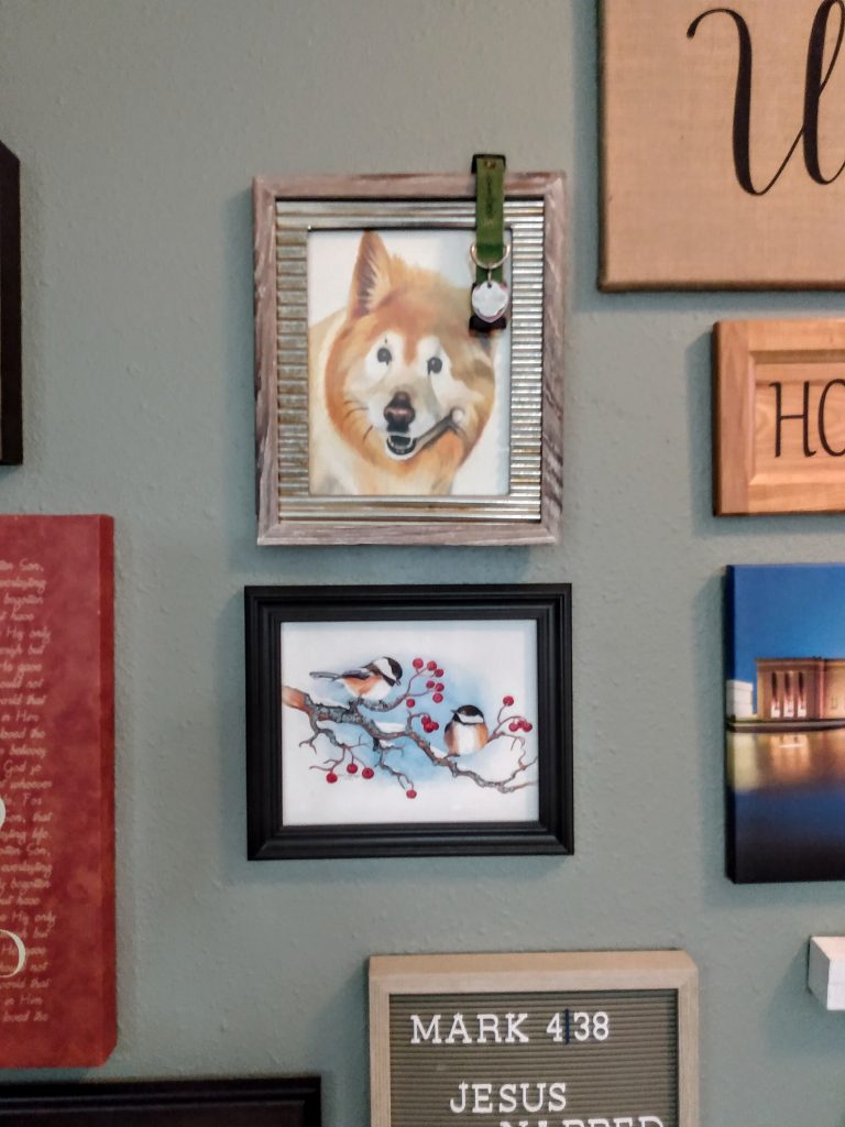 chickadee drawing and pet portrait by Rachael Koppendrayer in a wall collage