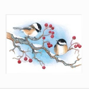 Matted print of two black-capped chickadees looking at each other from a snowy perch amid red berries