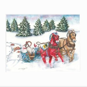 a dala horse pulls a runaway sleigh with the tomte tipping over and yule goat watching the gifts fall off the back