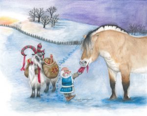 Scandinavian Christmas scene: Yule goat watches the Tomte tugging on his hat, which is being held in a horse's mouth