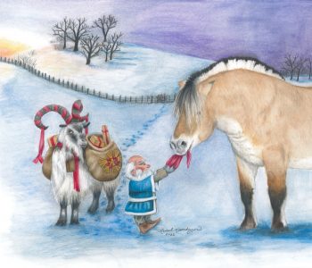 Scandinavian Christmas scene: Yule goat watches the Tomte tugging on his hat, which is being held in a horse's mouth
