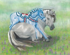 Blue dala horse foal climbs on Norwegian fjord horse mare