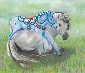 Blue dala horse foal climbs on Norwegian fjord horse mare