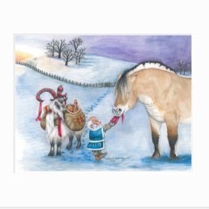 Matted print of the Swedish Yule Goat waiting patiently while the Tomte fights with a Norwegian Fjord Horse for possession of his hat