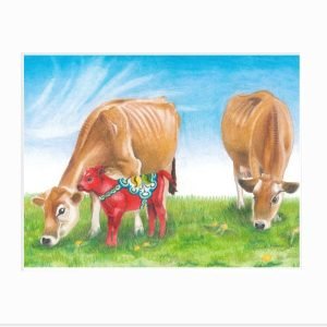 Giclee print of two Jersey cows grazing with a dala calf