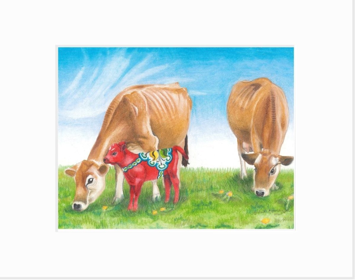Giclee print of two Jersey cows grazing with a dala calf