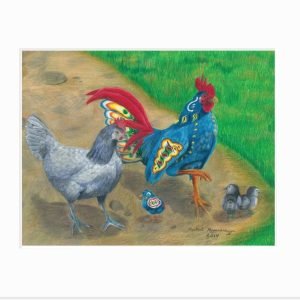 Matted print of a blue Swedish dala rooster walking with a gray hen and chicks