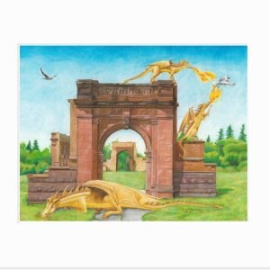 Giclee print of dragons perched around the ruins of the university in Old Main Park, in Duluth, MN