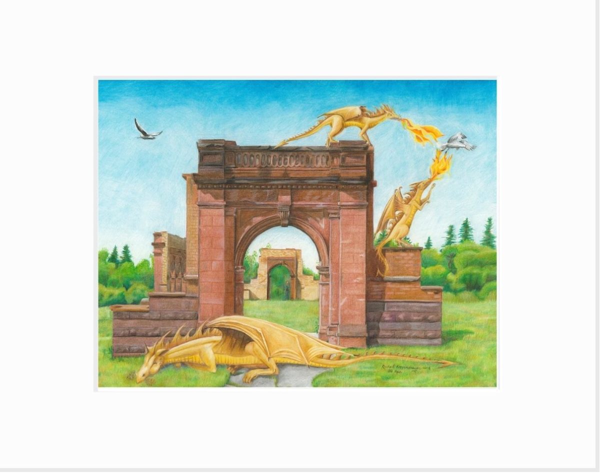 Giclee print of dragons perched around the ruins of the university in Old Main Park, in Duluth, MN