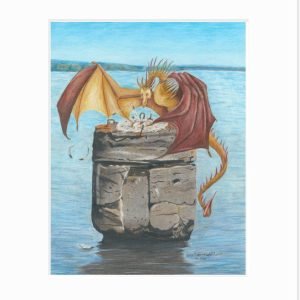 matted giclee print of dragon nesting the pillar of Uncle Harvey's Mausoleum in the Duluth harbor