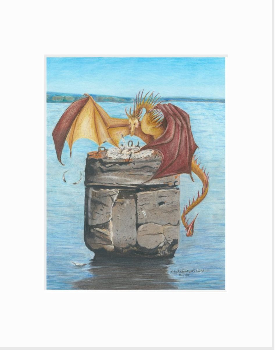 matted giclee print of dragon nesting the pillar of Uncle Harvey's Mausoleum in the Duluth harbor
