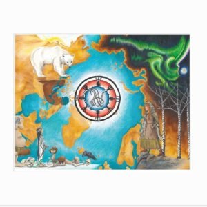 Giclee print of images from the Scandinavian fairy tale East of the Sun, West of the Moon set over a map of the North Pole