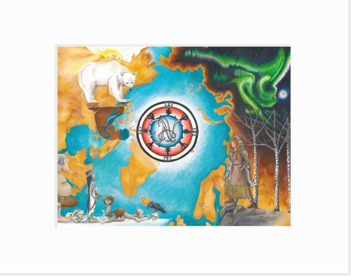 Giclee print of images from the Scandinavian fairy tale East of the Sun, West of the Moon set over a map of the North Pole