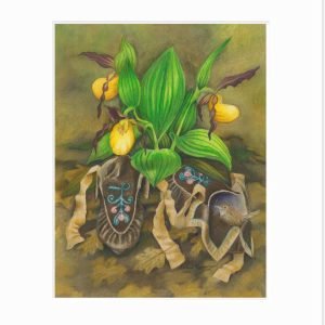 Giclee print of a wren building a nest in a lost moccasin under yellow lady's slipper plants