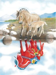 Norwegian Fjord horse mare and foal look at their reflection as dala horses