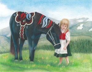 A little girl in traditional Swedish folkdräkt shyly stands by a black Dala horse