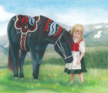 A little girl in traditional Swedish folkdräkt shyly stands by a black Dala horse