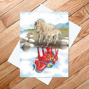 Greeting card of a Norwegian fjord and her foal looking at their reflections as red Dala horses