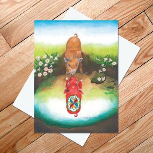 Greeting card of a pig looking at its reflection in the mud hole of a red Dala pig