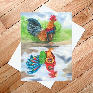 Greeting card of a rooster crowing while his reflection shows a crowing red Dala Rooster