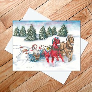 Greeting card of a runaway sleigh pulled by a dala horse and Norwegian Fjord, while a swedish gnome and yule goat lose control