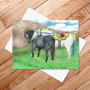 Greeting card of a white Dala horse hugging a blue roan