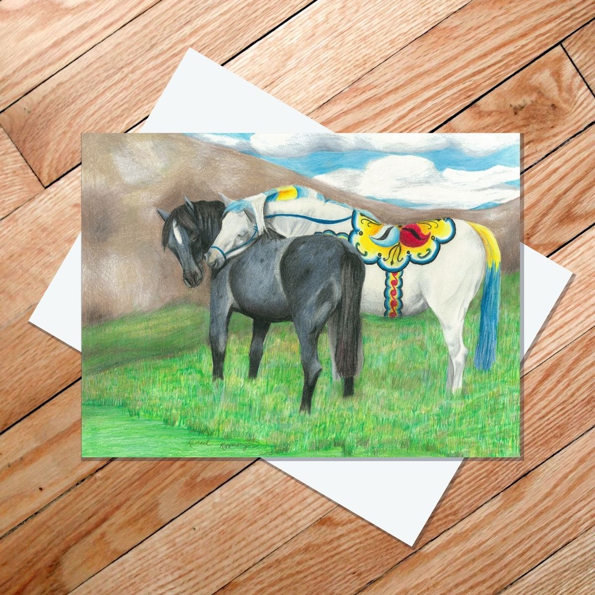 Greeting card of a white Dala horse hugging a blue roan