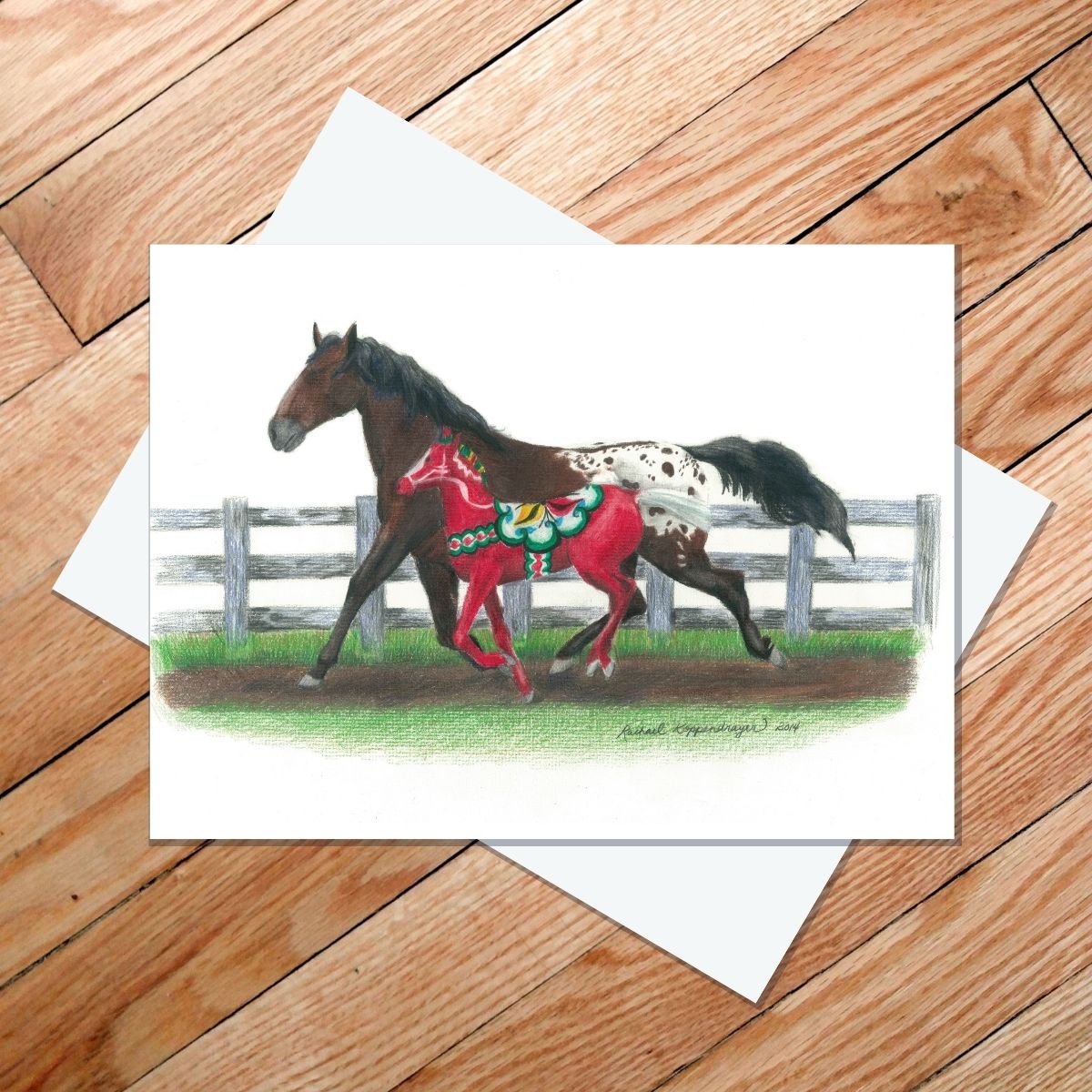 Greeting card of a bay appaloosa mare running with a red Dala horse foal