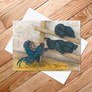 Greeting card of a blue-black Dala rooster crowing at three Svarthöna, or Swedish black hens