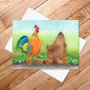 Greeting card of a brown hen and chicks with an orange Dala Rooster