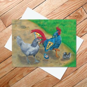Greeting card of Andalusian hen and chicks with a blue dala rooster