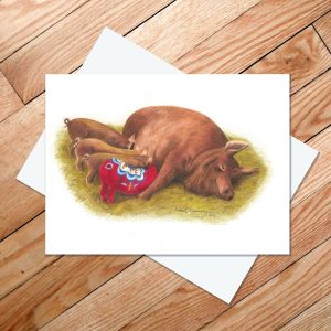 Greeting card of a reddish sow with three hungry piglets, one of which is a dala pig