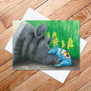 Greeting card with Hampshire sow and tiny dala piglet