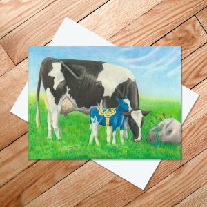 Greeting card of a Holstein cow with a blue calf inspired by the Swedish Dala horse