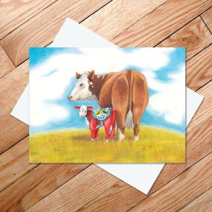 Greeting card of a Hereford cow with a dala horse-inspired calf