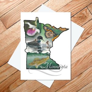 Greeting card of the Minnesota outline with state symbols loon, lady slipper, monarch, and walleye within