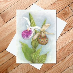Greeting card of showy lady slipper with a Dakota-inspired moccasin flower