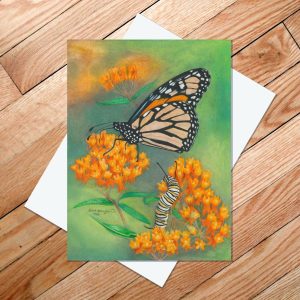 Greeting card with monarch butterfly and caterpillar on butterflyweed