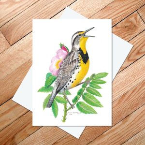 Greeting card of a western meadowlark singing from the branch of a prairie rose