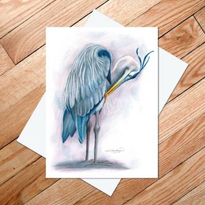 Greeting card of a great blue heron preening its feathers