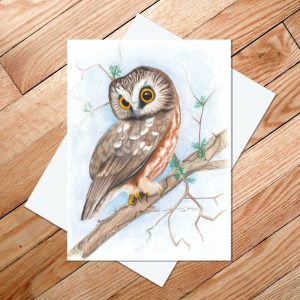 Greeting card of a northern saw-whet owl peering over its shoulder