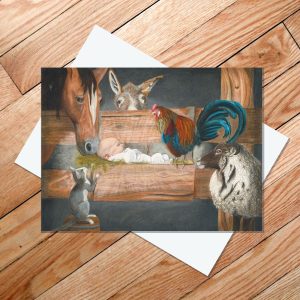 Greeting card of a manger scene with a donkey, horse, rooster, sheep, and cat
