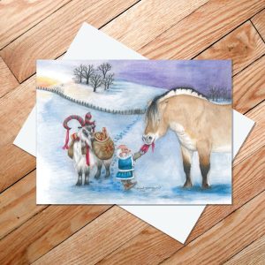 Greeting card of Swedish gnome and yule goat delayed by a Norwegian fjord horse who has stolen his hat