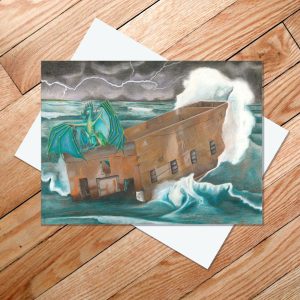 Greeting card of dragons perched on Uncle Harvey's Mausoleum during a Lake Superior storm