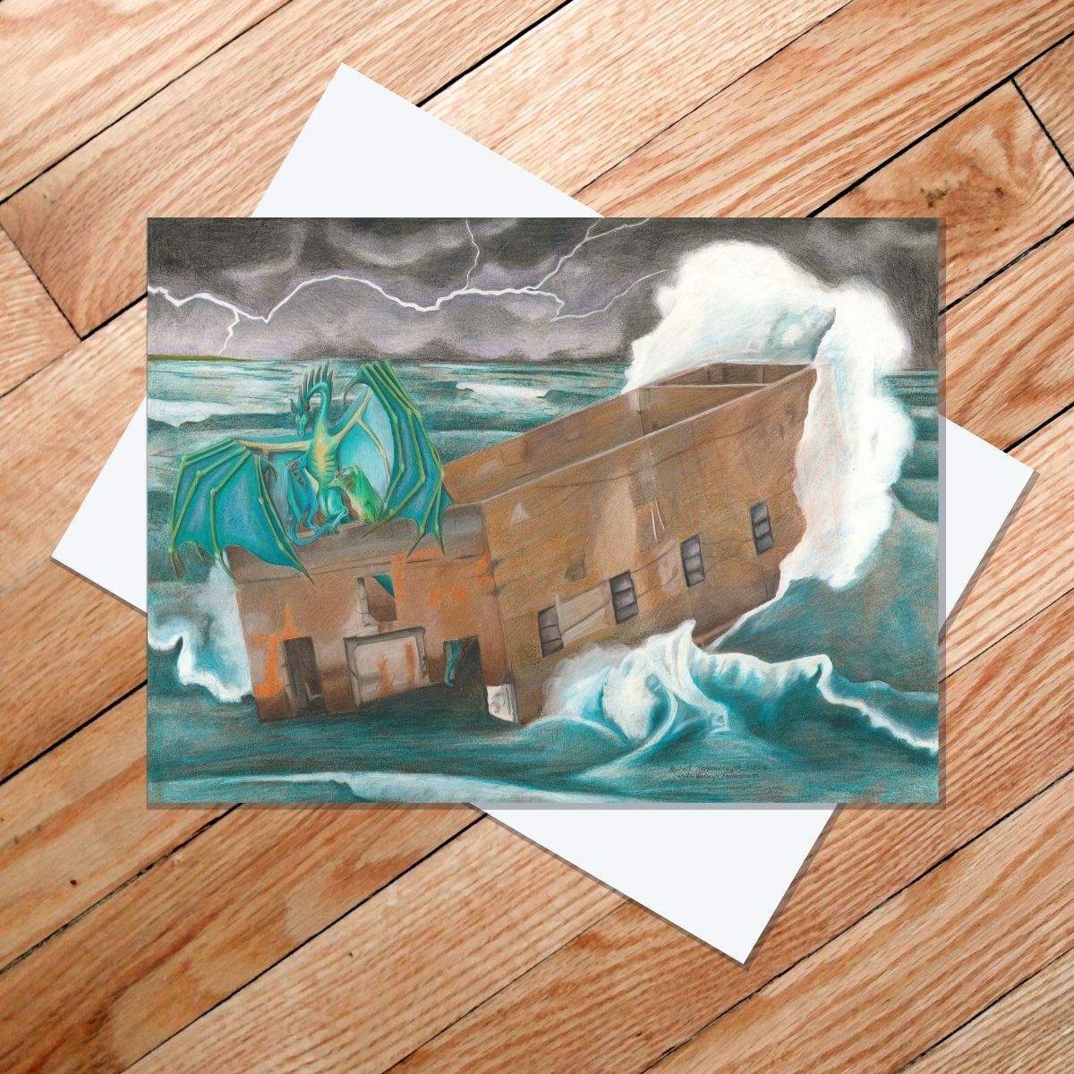 Greeting card of dragons perched on Uncle Harvey's Mausoleum during a Lake Superior storm