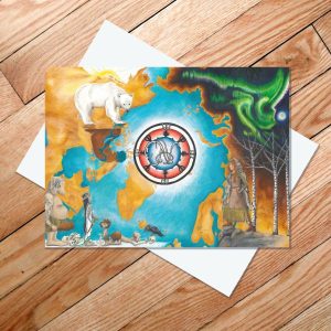 Greeting card of the fairy tale East of the Sun, West of the moon, with trolls, polar bear, and heroine